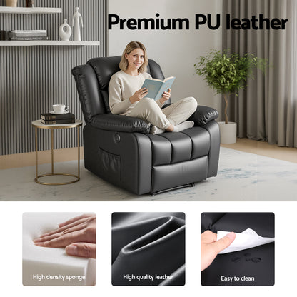 Artiss Manual Massage Recliner Chair for Living Room, Leather Sofa Lounge Reclining Chair with 2 USB Port, 160° Recline Reading Chair with 20CM Wide Armrests, 8 Point Vibration & Lumbar Heat, Black - Image 7