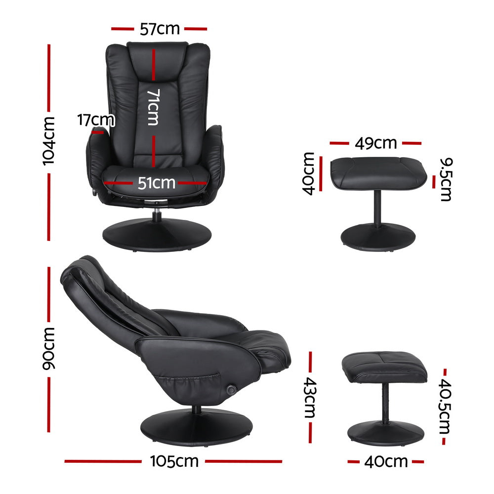 Artiss 2X Recliner Chair Ottoman Heated Massage Black - Image 2