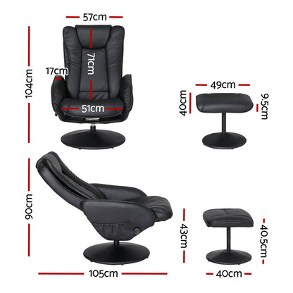 Artiss 2X Recliner Chair Ottoman Heated Massage Black - Image 2