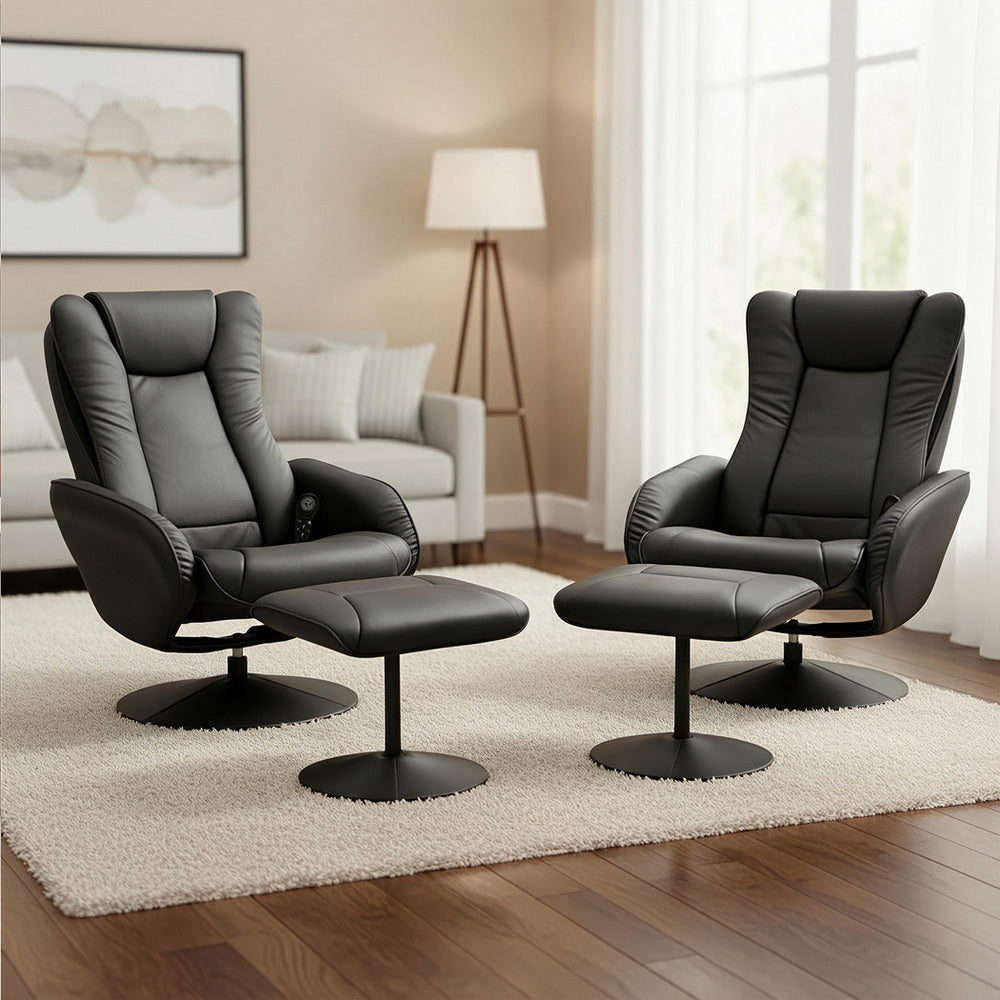 Artiss 2X Recliner Chair Ottoman Heated Massage Black - Image 7