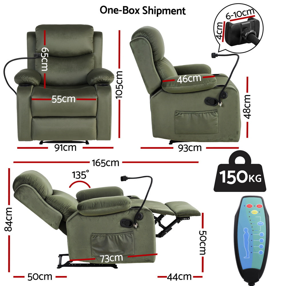 Artiss Recliner Chair Heated Massage Chair with Phone Holder Velvet - Image 3