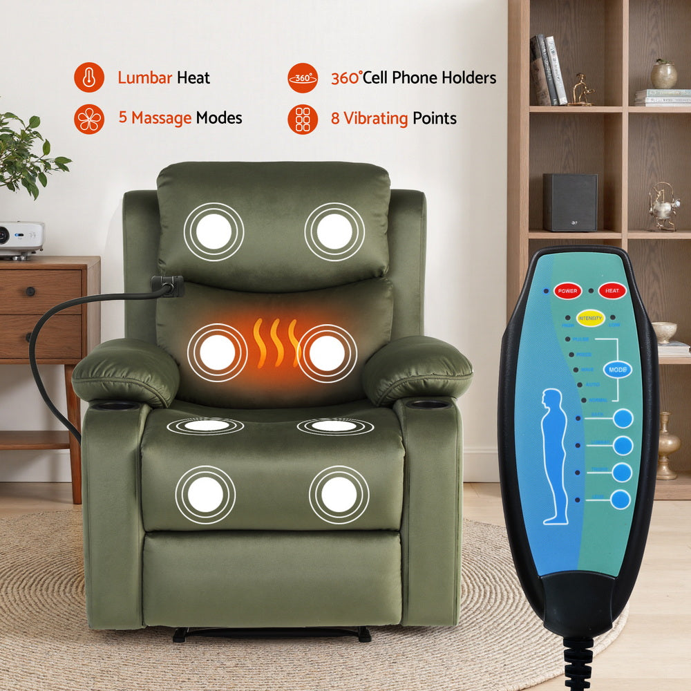 Artiss Recliner Chair Heated Massage Chair with Phone Holder Velvet - Image 4