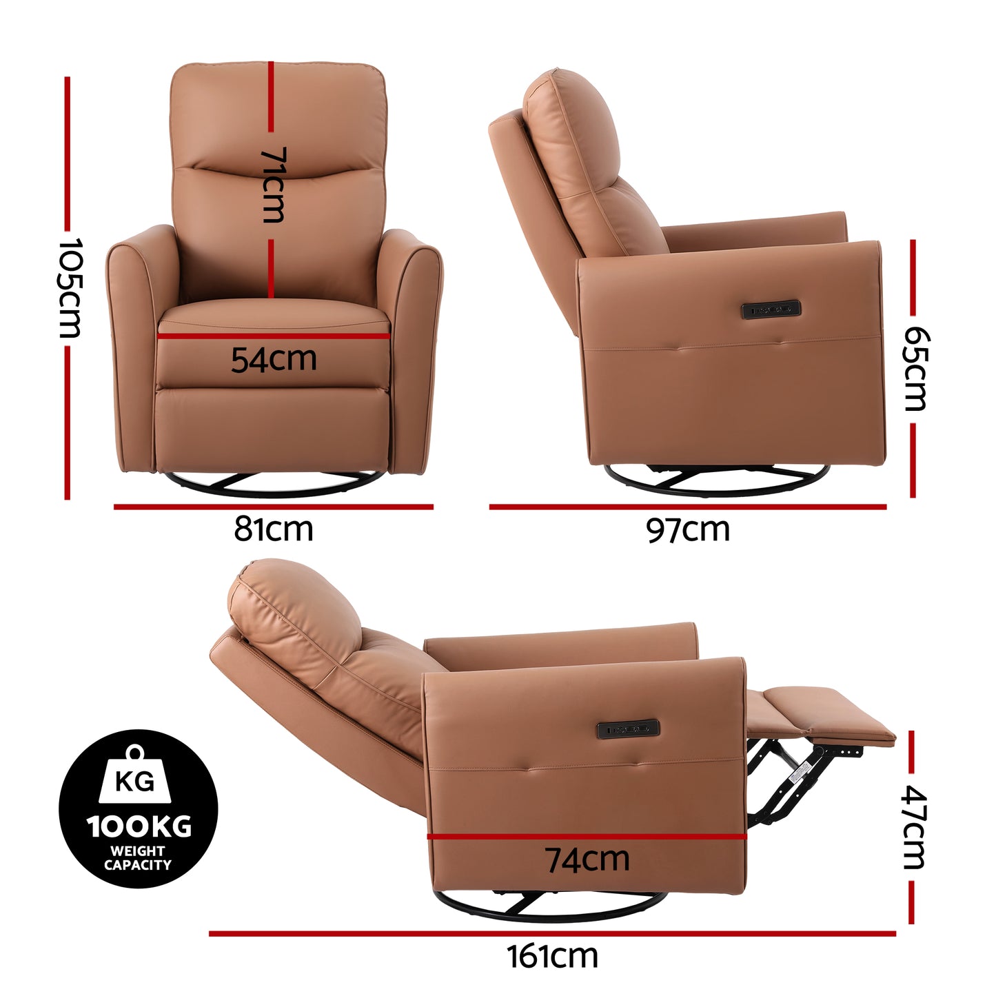 Artiss Swivel Recliner Chair Leather Rocking Reclining Sofa​ with Charging Ports LED Brown - Image 2