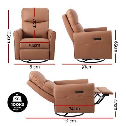 Artiss Swivel Recliner Chair Leather Rocking Reclining Sofa​ with Charging Ports LED Brown - Image 2