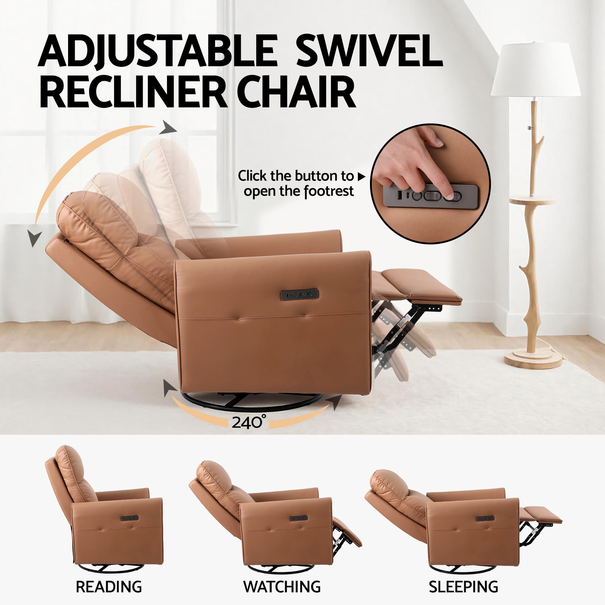 Artiss Swivel Recliner Chair Leather Rocking Reclining Sofa​ with Charging Ports LED Brown - Image 4
