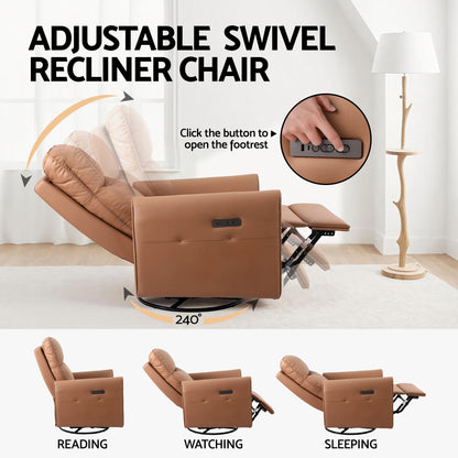 Artiss Swivel Recliner Chair Leather Rocking Reclining Sofa​ with Charging Ports LED Brown - Image 4