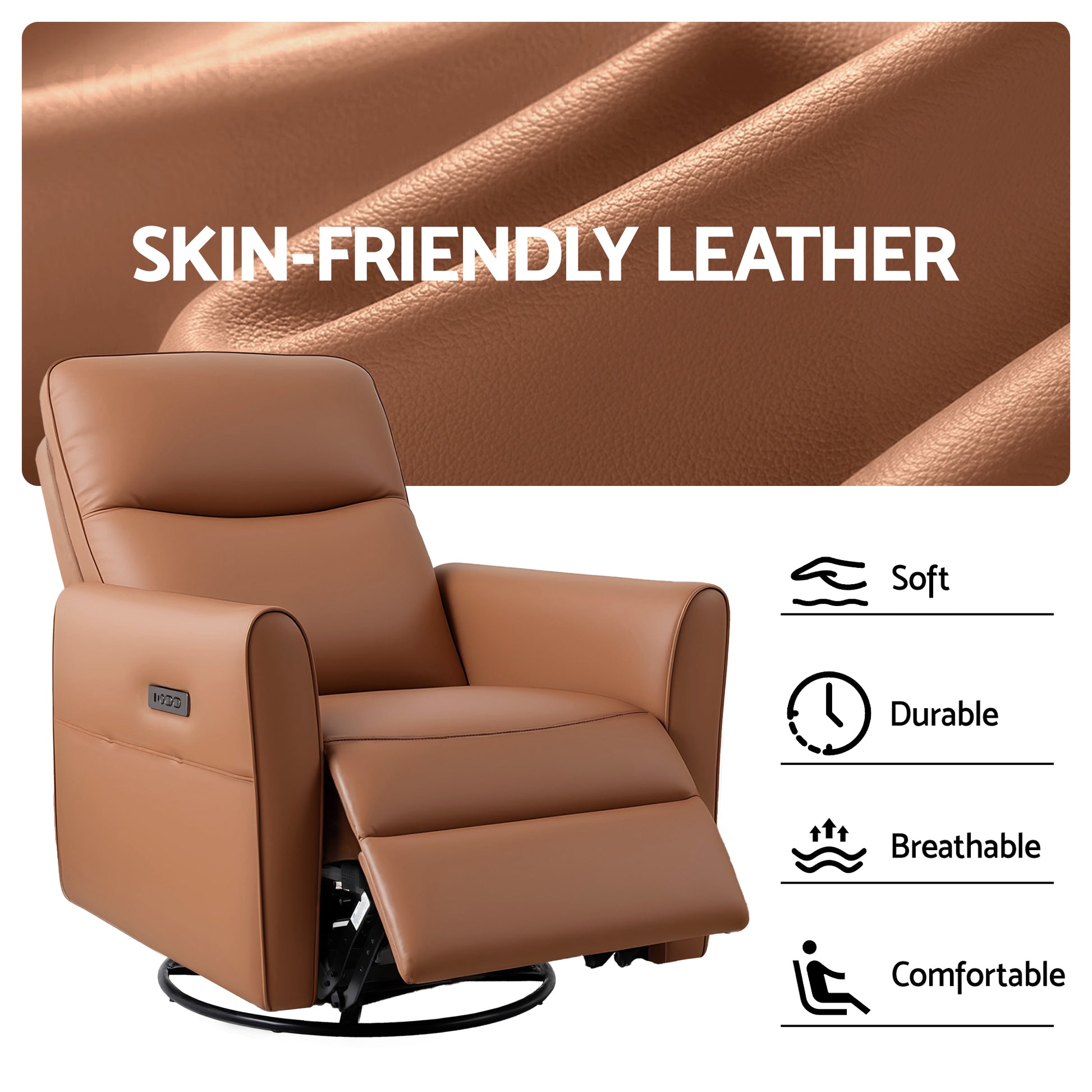 Artiss Swivel Recliner Chair Leather Rocking Reclining Sofa​ with Charging Ports LED Brown - Image 5