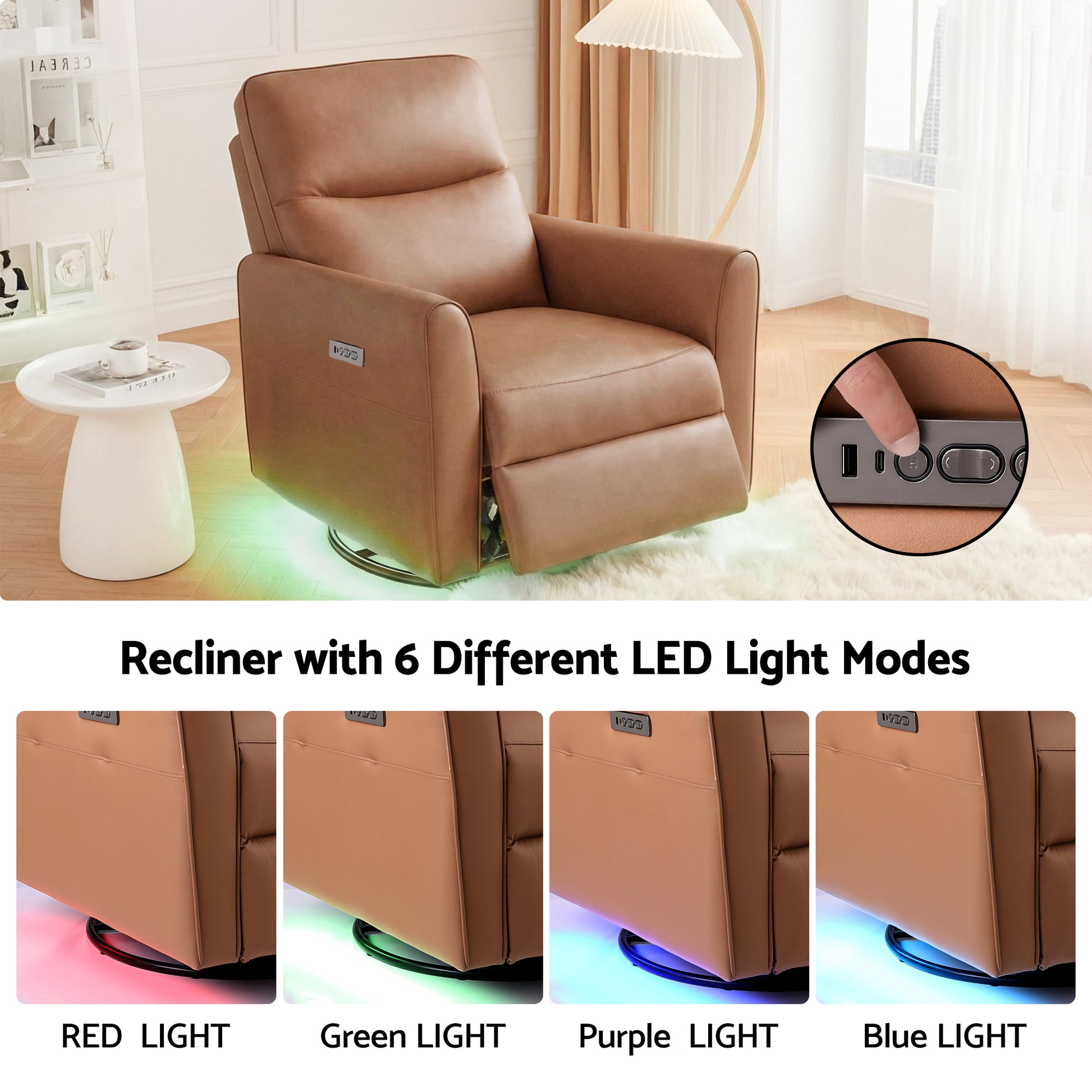 Artiss Swivel Recliner Chair Leather Rocking Reclining Sofa​ with Charging Ports LED Brown - Image 6