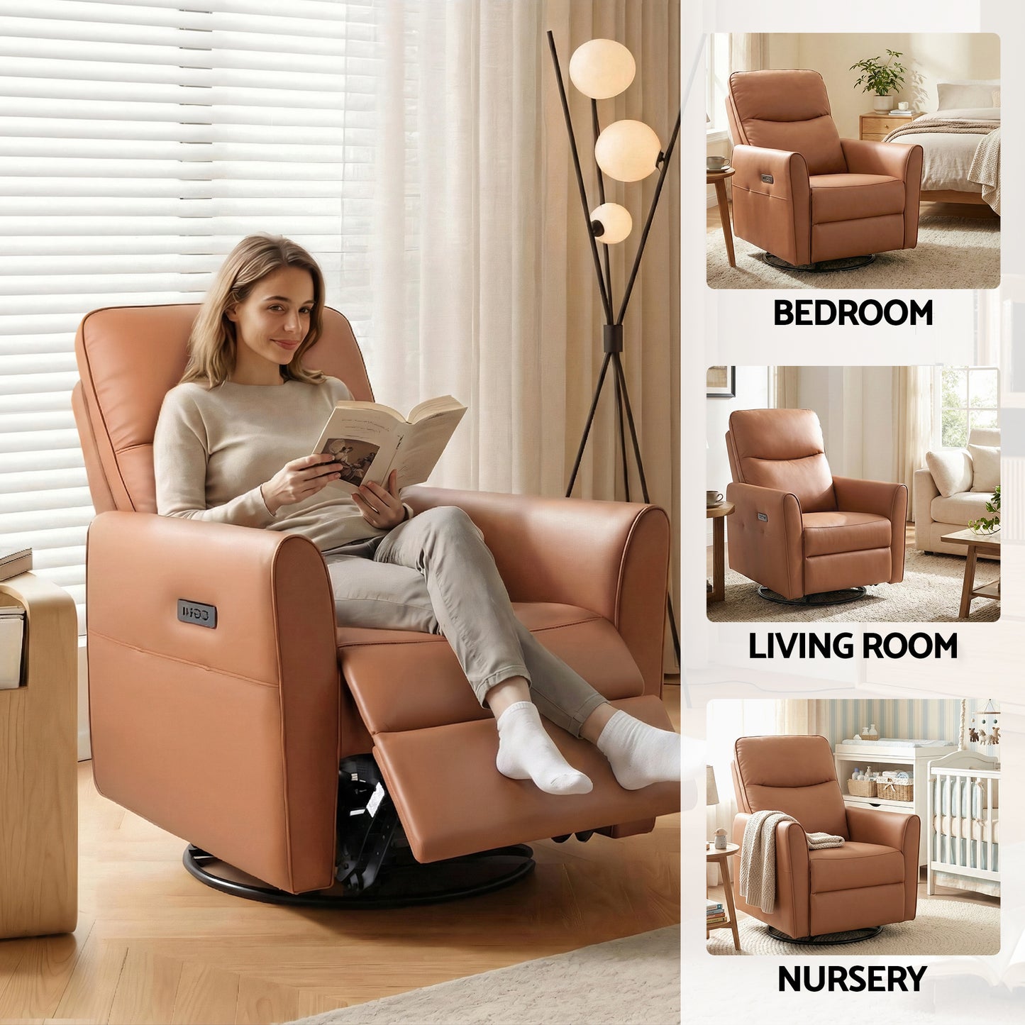 Artiss Swivel Recliner Chair Leather Rocking Reclining Sofa​ with Charging Ports LED Brown - Image 8