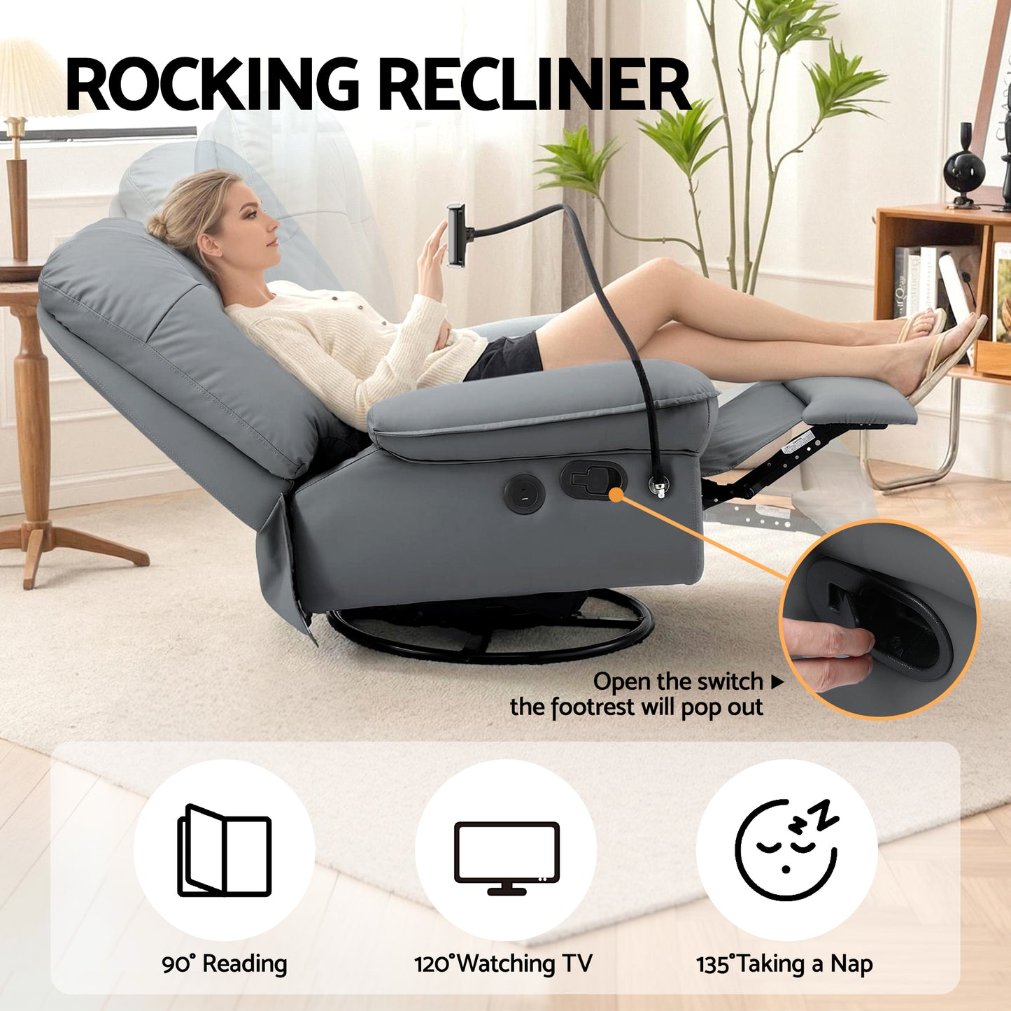 Artiss Manual Swivel Rocker Recliner with USB Ports Rocking Chair Nursery Sofa Lounge - Image 4