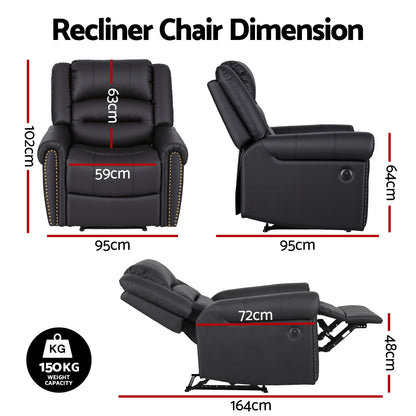 Artiss Leather Manual Recliner Chair with USB Charge Port, Overstuffed Armchair Sofa for Living Room and Nursery, Asjustable Theater Reclining Lounge with Comfortable Wide Seat, 150kg Capacity, Black - Image 2