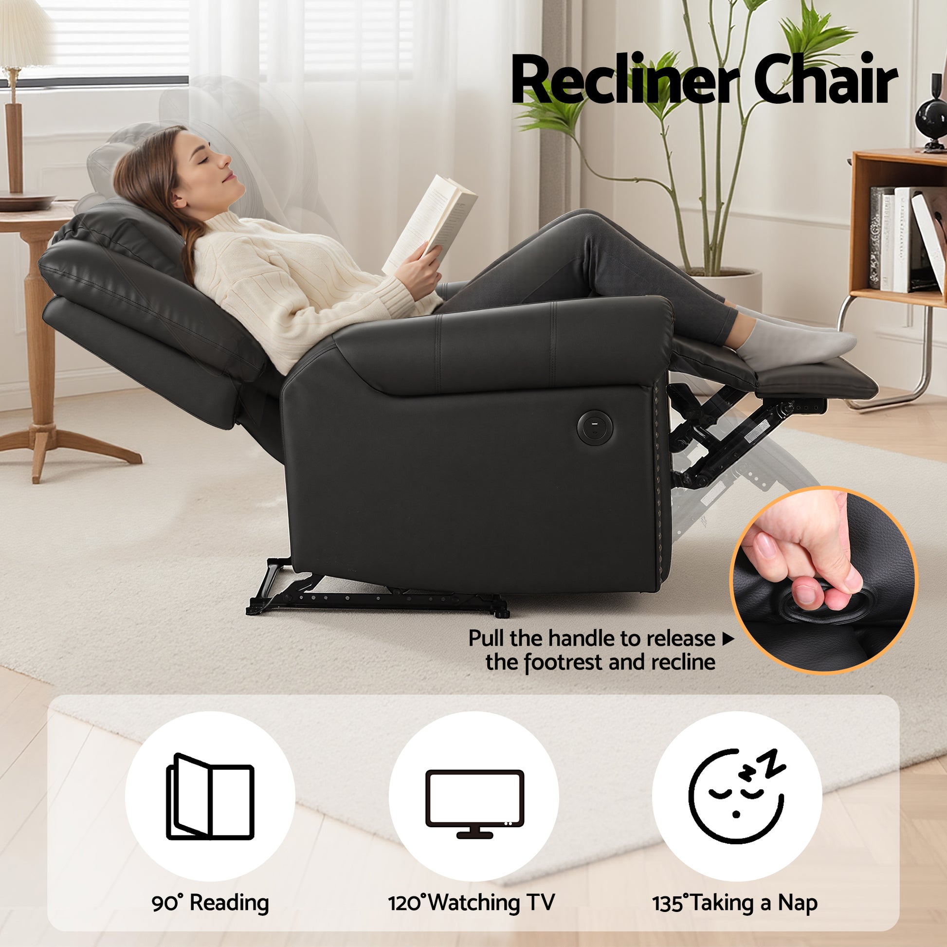 Artiss Leather Manual Recliner Chair with USB Charge Port, Overstuffed Armchair Sofa for Living Room and Nursery, Asjustable Theater Reclining Lounge with Comfortable Wide Seat, 150kg Capacity, Black - Image 4