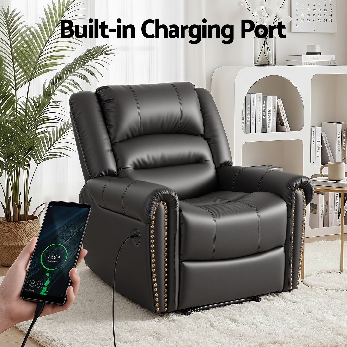 Artiss Leather Manual Recliner Chair with USB Charge Port, Overstuffed Armchair Sofa for Living Room and Nursery, Asjustable Theater Reclining Lounge with Comfortable Wide Seat, 150kg Capacity, Black - Image 5