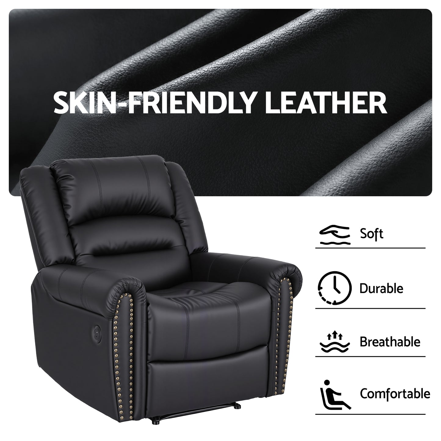 Artiss Leather Manual Recliner Chair with USB Charge Port, Overstuffed Armchair Sofa for Living Room and Nursery, Asjustable Theater Reclining Lounge with Comfortable Wide Seat, 150kg Capacity, Black - Image 6