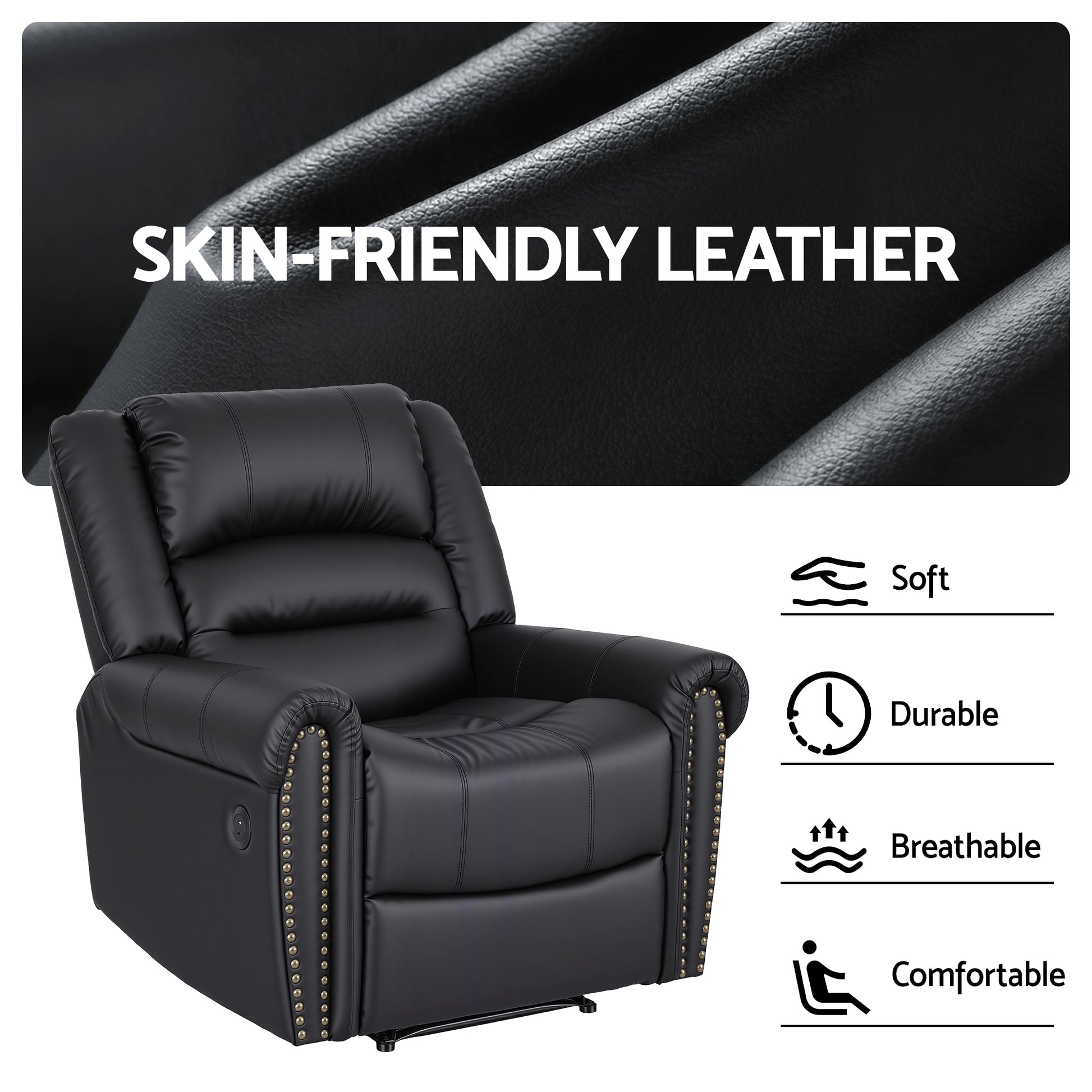 Artiss Leather Manual Recliner Chair with USB Charge Port, Overstuffed Armchair Sofa for Living Room and Nursery, Asjustable Theater Reclining Lounge with Comfortable Wide Seat, 150kg Capacity, Black - Image 6