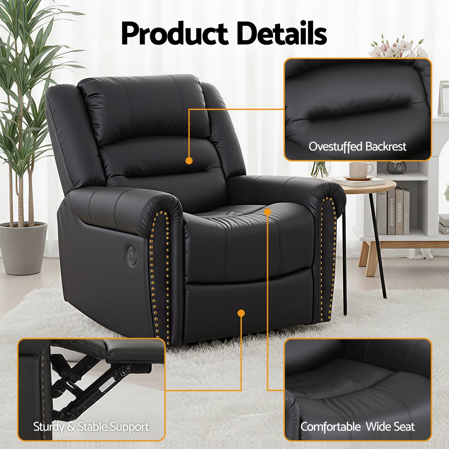 Artiss Leather Manual Recliner Chair with USB Charge Port, Overstuffed Armchair Sofa for Living Room and Nursery, Asjustable Theater Reclining Lounge with Comfortable Wide Seat, 150kg Capacity, Black - Image 7