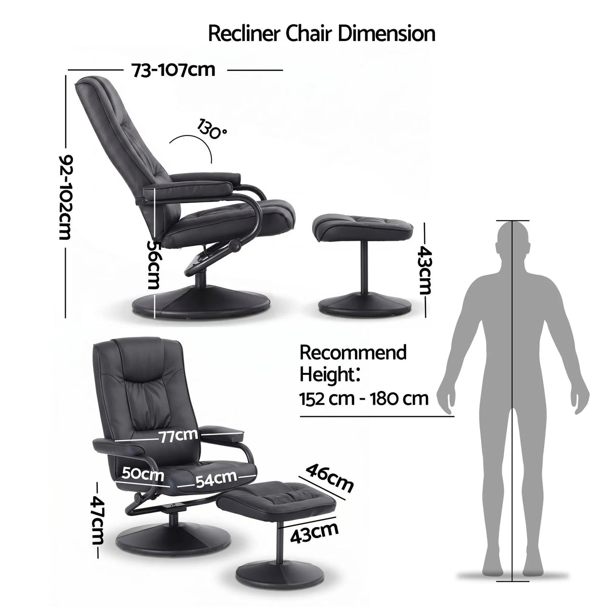 Artiss Recliner with Ottoman 360-Degree Swivel Recliner Chair and Ottoman Set PU Leather Black - Image 2