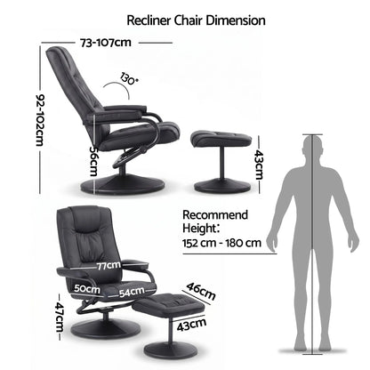 Artiss Recliner with Ottoman 360-Degree Swivel Recliner Chair and Ottoman Set PU Leather Black - Image 2