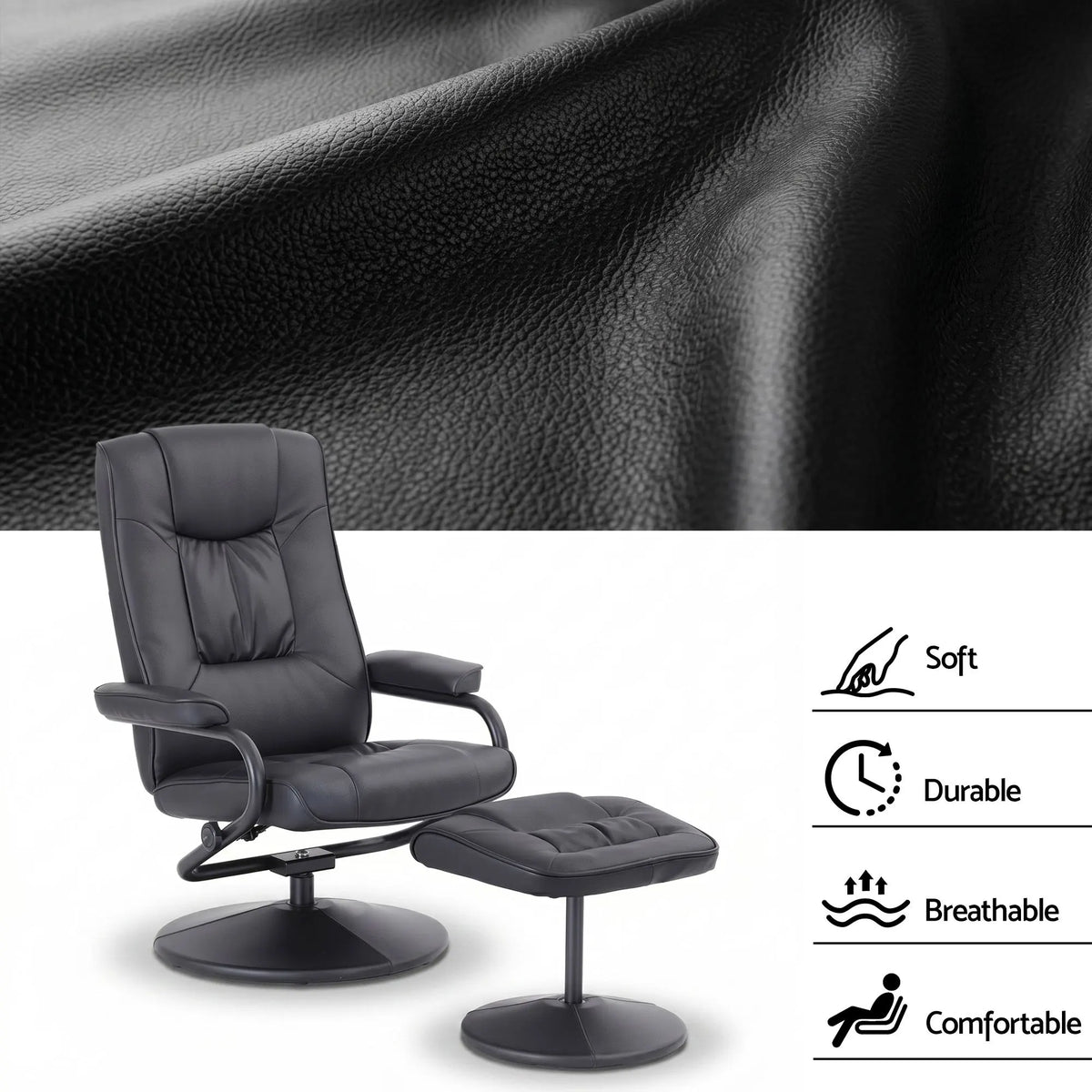 Artiss Recliner with Ottoman 360-Degree Swivel Recliner Chair and Ottoman Set PU Leather Black - Image 6