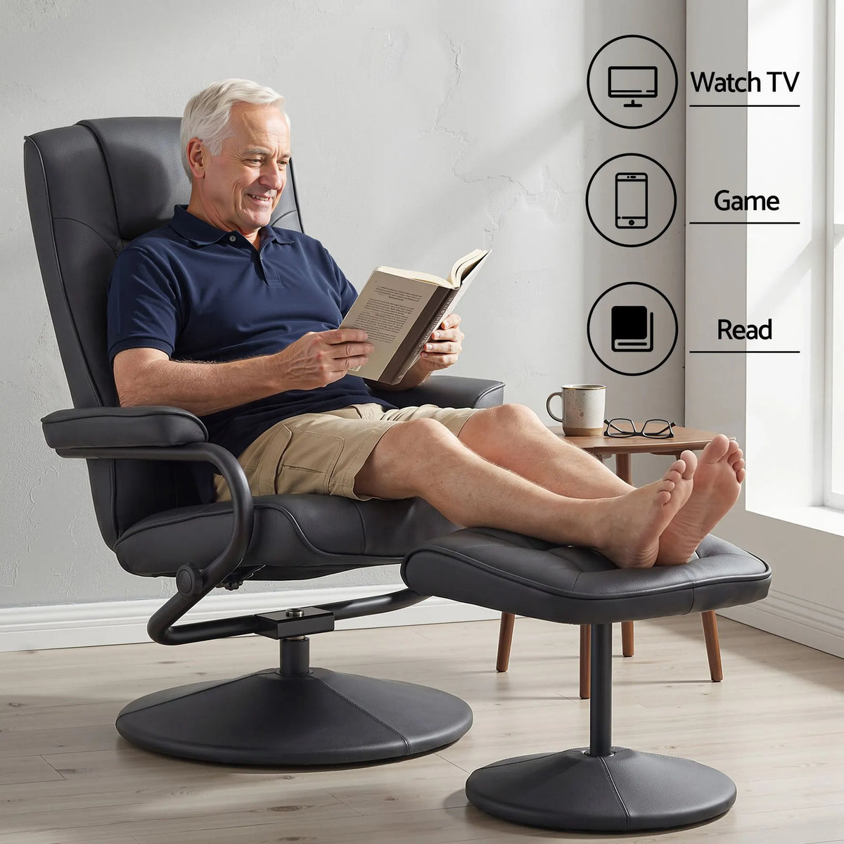 Artiss Recliner with Ottoman 360-Degree Swivel Recliner Chair and Ottoman Set PU Leather Black - Image 8