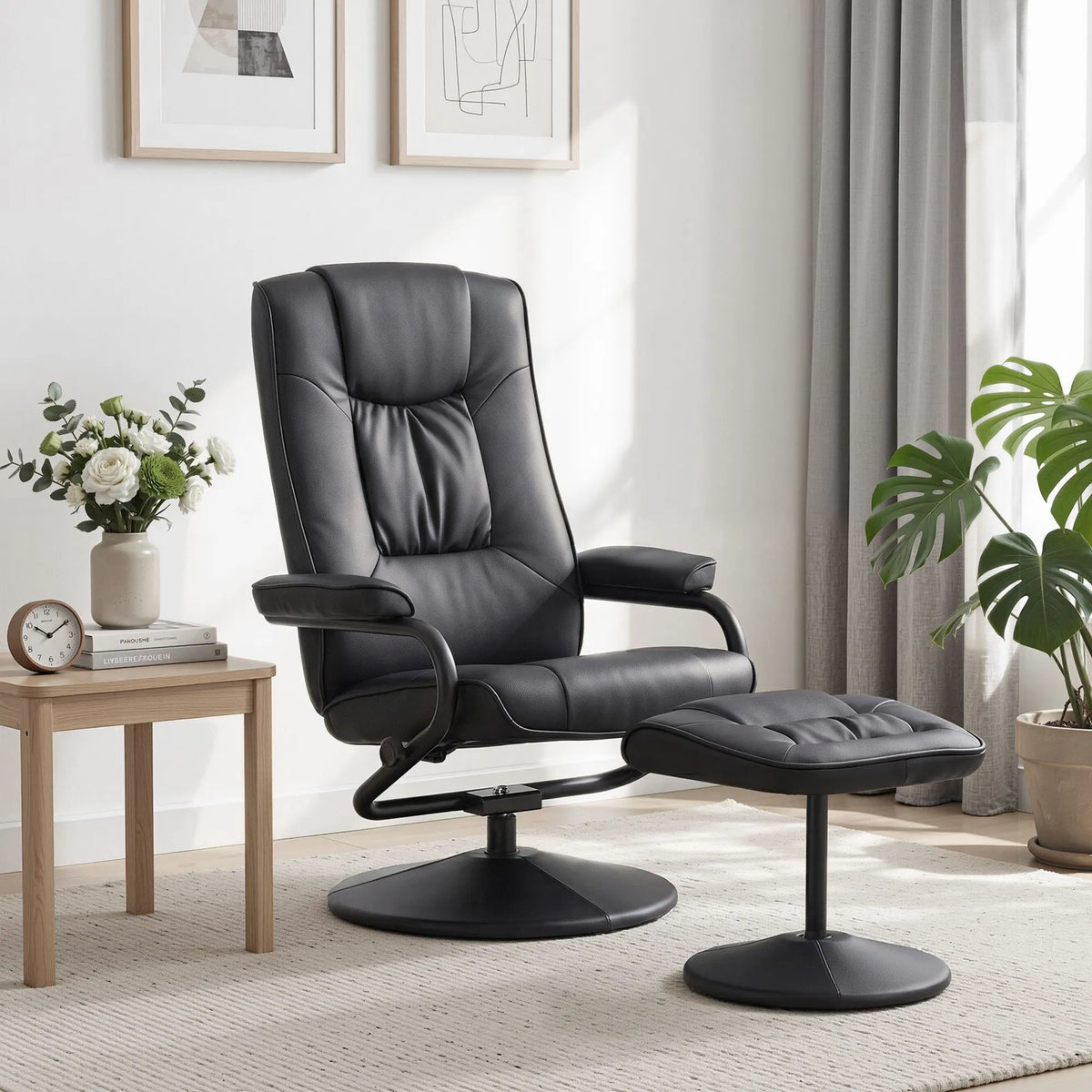 Artiss Recliner with Ottoman 360-Degree Swivel Recliner Chair and Ottoman Set PU Leather Black - Image 9