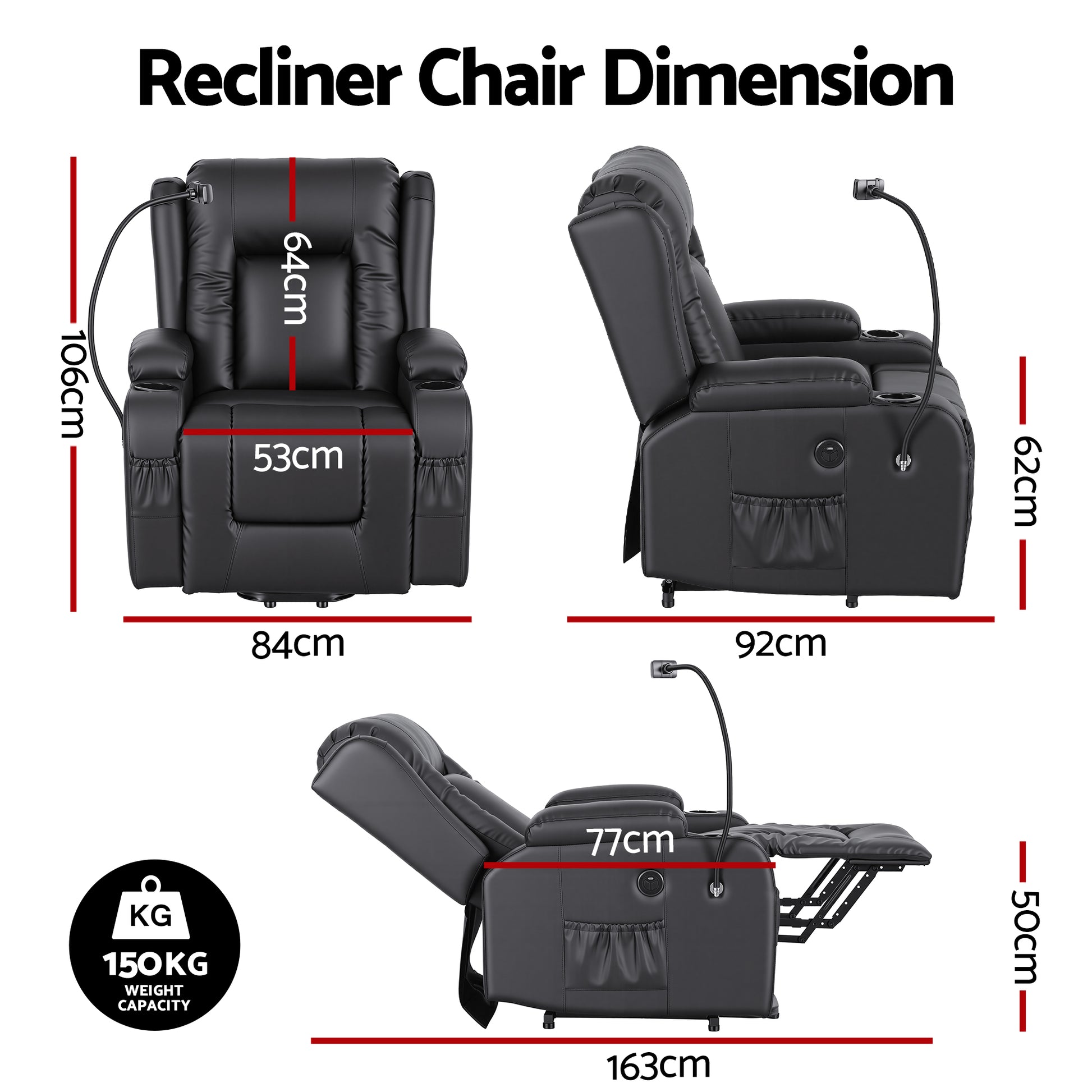 Artiss Power Lift Recliner Chair with Massage and Heat for Elderly, Electric Sofa Reclining Chair with USB and Phone Holder, PU Leather Comfy Armchair for Living Room, 2 Cup Holder & 4 Pockets, Black - Image 2