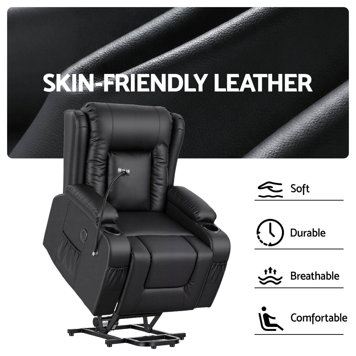 Artiss Power Lift Recliner Chair with Massage and Heat for Elderly, Electric Sofa Reclining Chair with USB and Phone Holder, PU Leather Comfy Armchair for Living Room, 2 Cup Holder & 4 Pockets, Black - Image 7