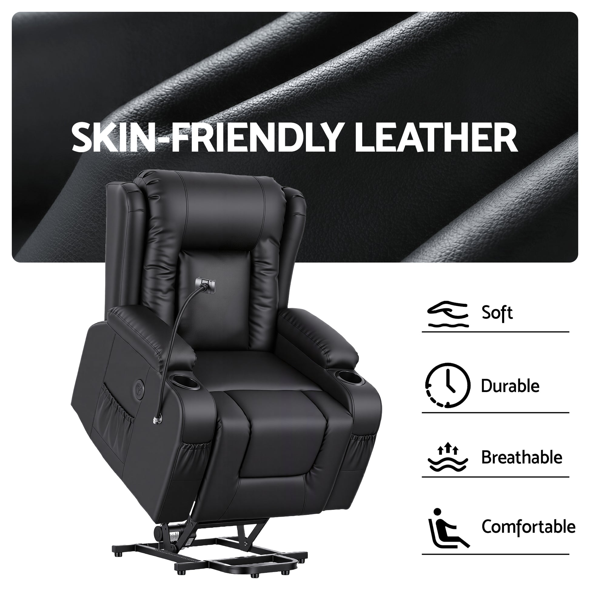 Artiss Power Lift Recliner Chair with Massage and Heat for Elderly, Electric Sofa Reclining Chair with USB and Phone Holder, PU Leather Comfy Armchair for Living Room, 2 Cup Holder & 4 Pockets, Black - Image 7
