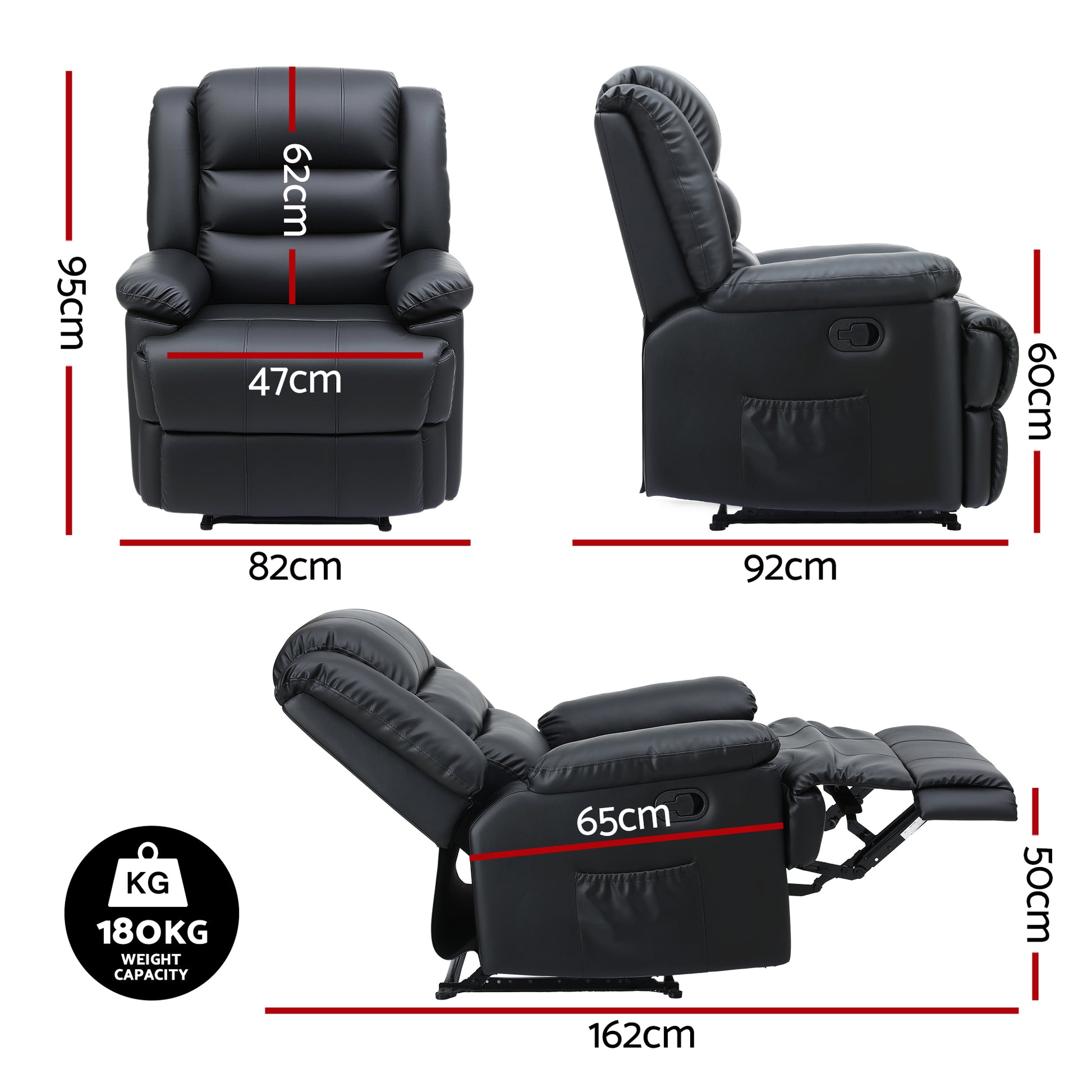 Artiss Manual Recliner Chair Leather Reclining Sofa with 16color Led Black - Image 2