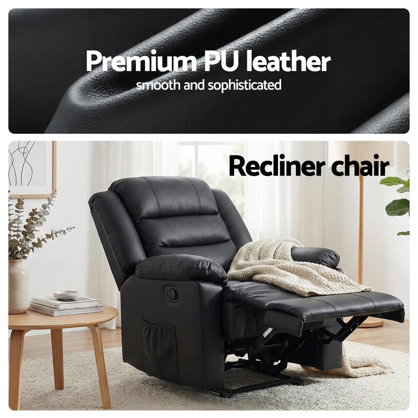 Artiss Manual Recliner Chair Leather Reclining Sofa with 16color Led Black - Image 5