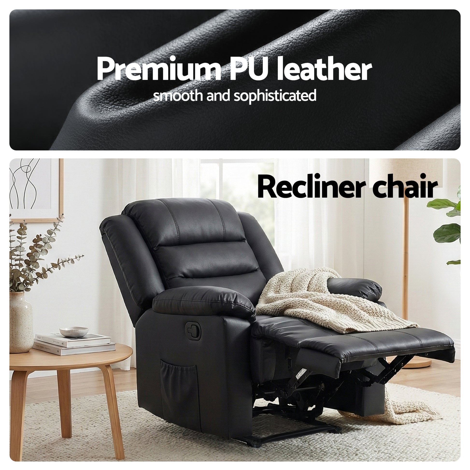 Artiss Manual Recliner Chair Leather Reclining Sofa with 16color Led Black - Image 5