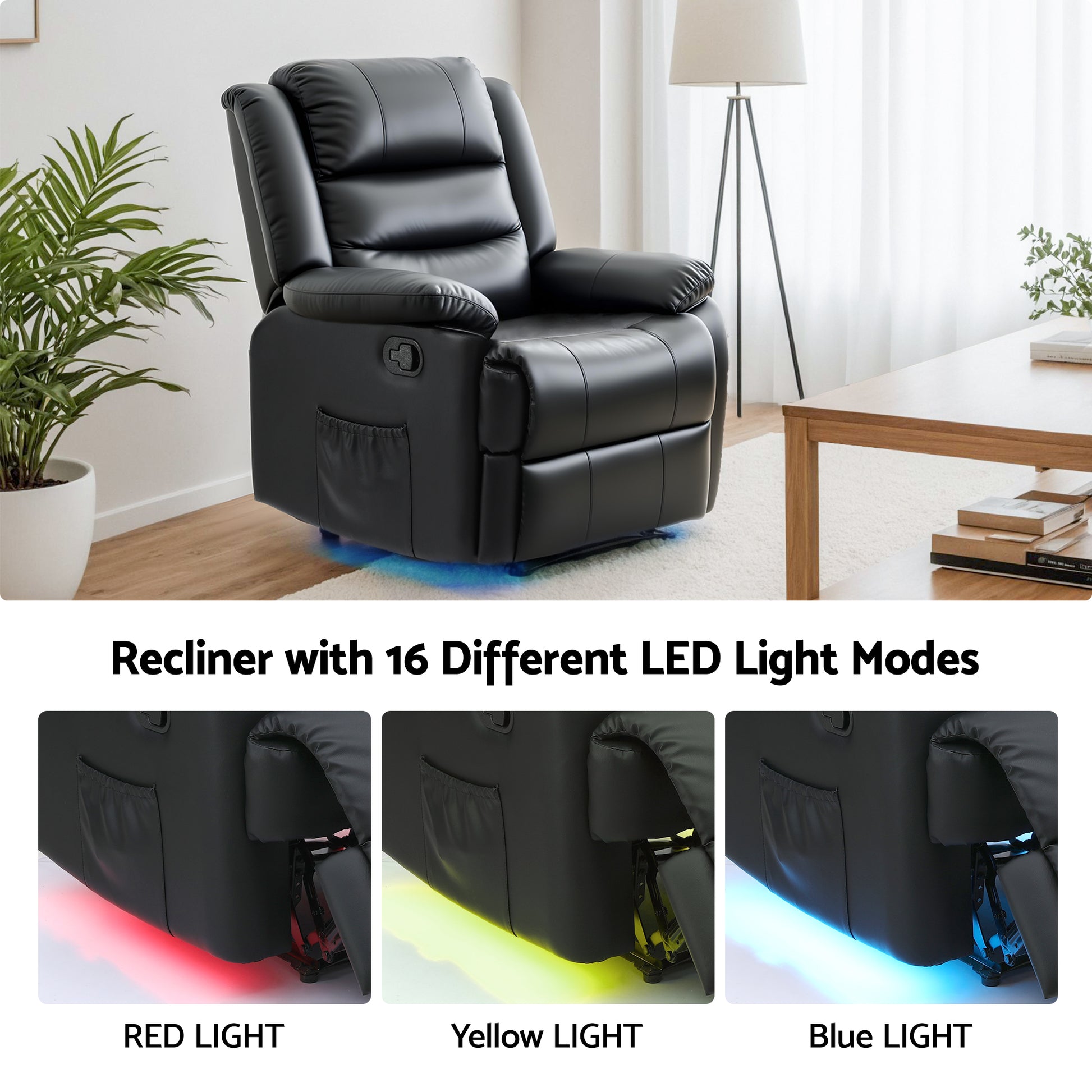 Artiss Manual Recliner Chair Leather Reclining Sofa with 16color Led Black - Image 6