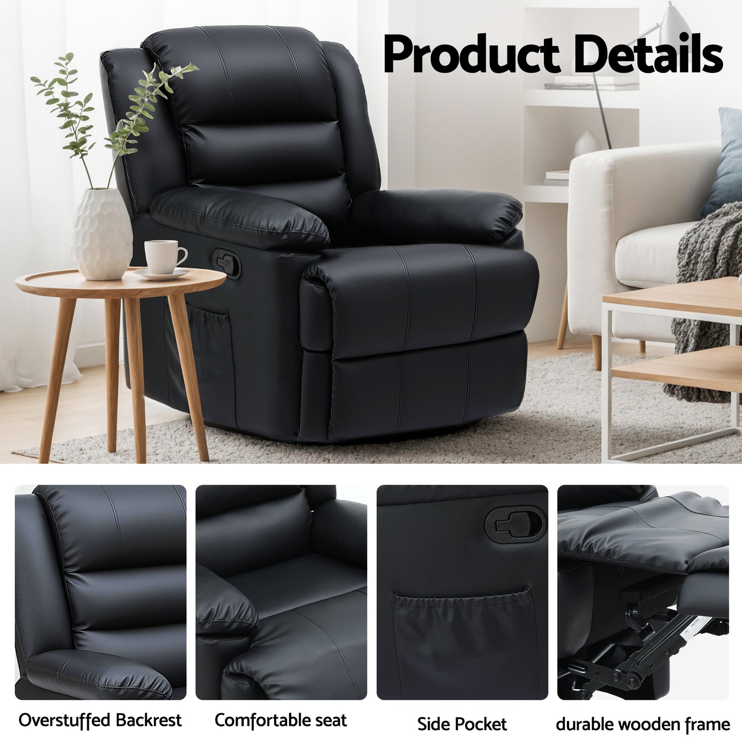 Artiss Manual Recliner Chair Leather Reclining Sofa with 16color Led Black - Image 7