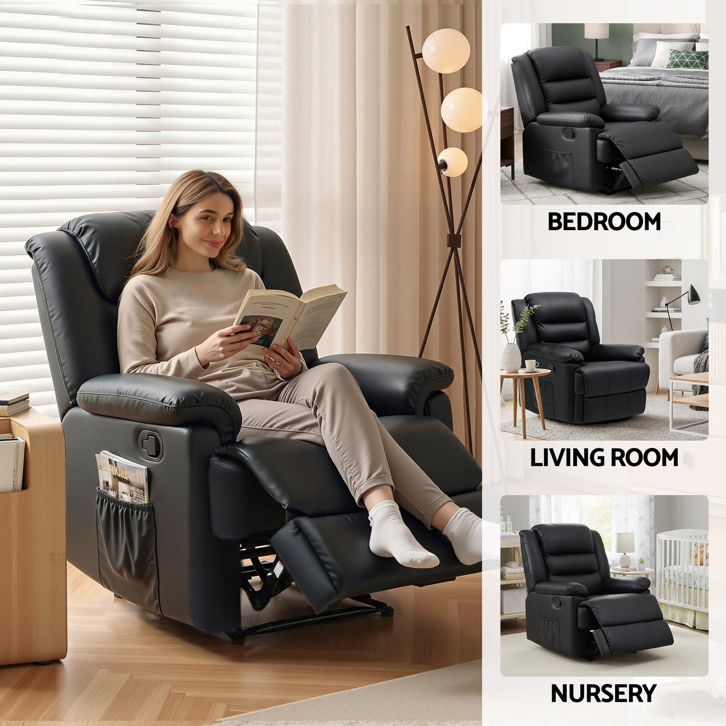 Artiss Manual Recliner Chair Leather Reclining Sofa with 16color Led Black - Image 8