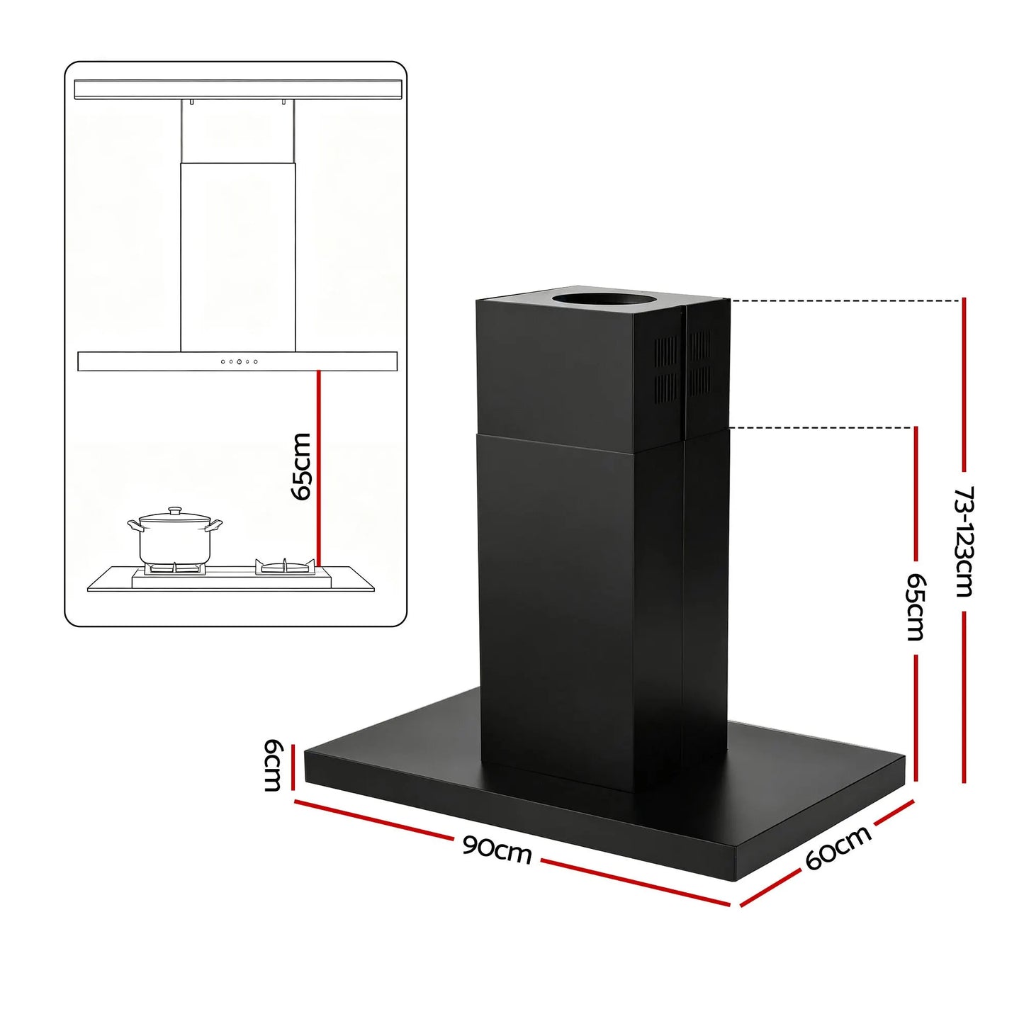 Devanti 90cm Island Rangehood Ceiling-Mounted 3-Speed Touch Control LED Black - Image 2