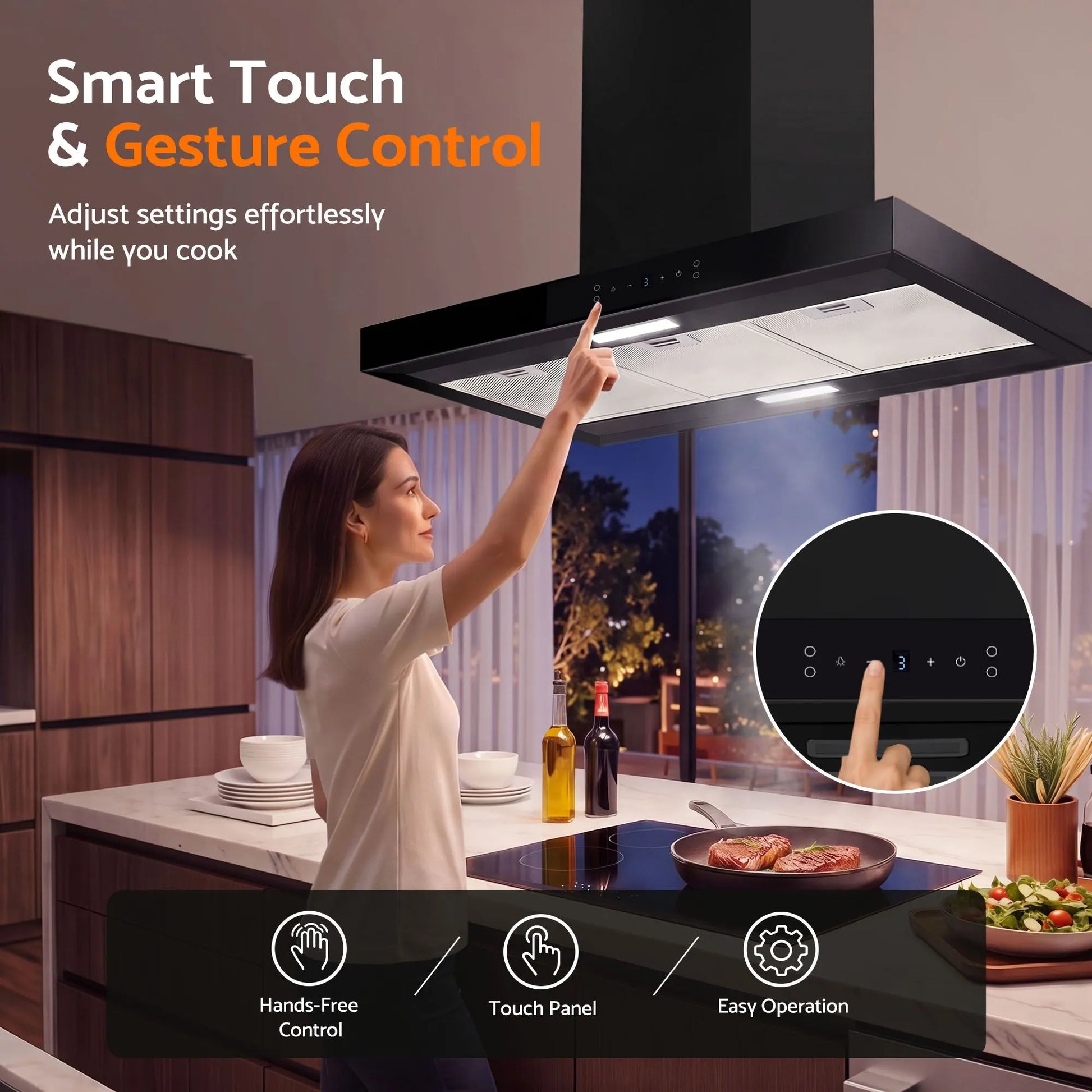 Devanti 90cm Island Rangehood Ceiling-Mounted 3-Speed Touch Control LED Black - Image 4