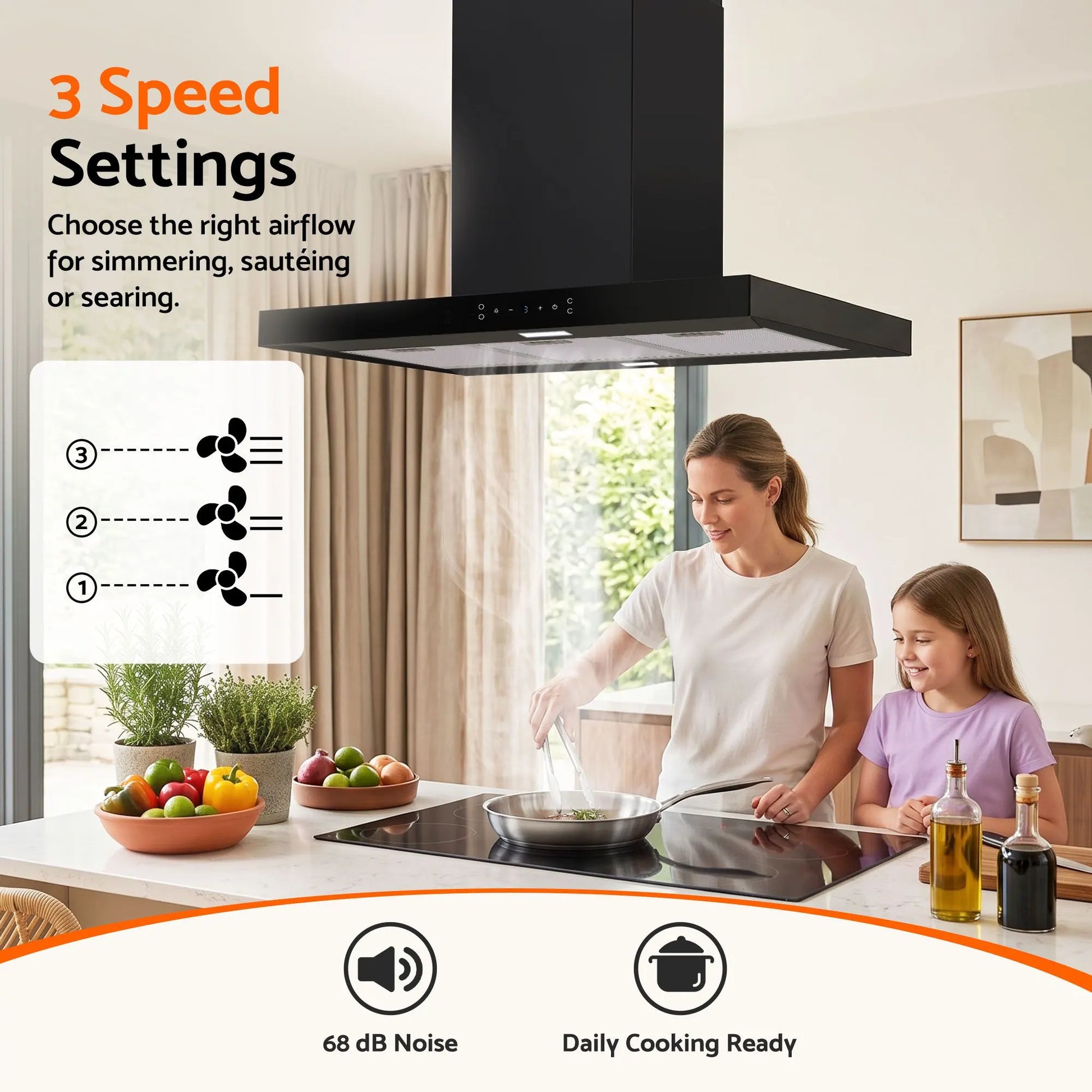 Devanti 90cm Island Rangehood Ceiling-Mounted 3-Speed Touch Control LED Black - Image 5