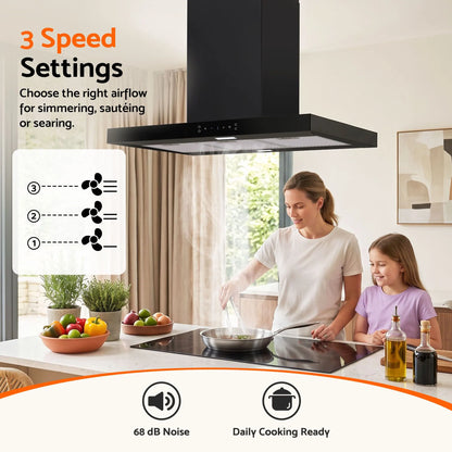 Devanti 90cm Island Rangehood Ceiling-Mounted 3-Speed Touch Control LED Black - Image 5