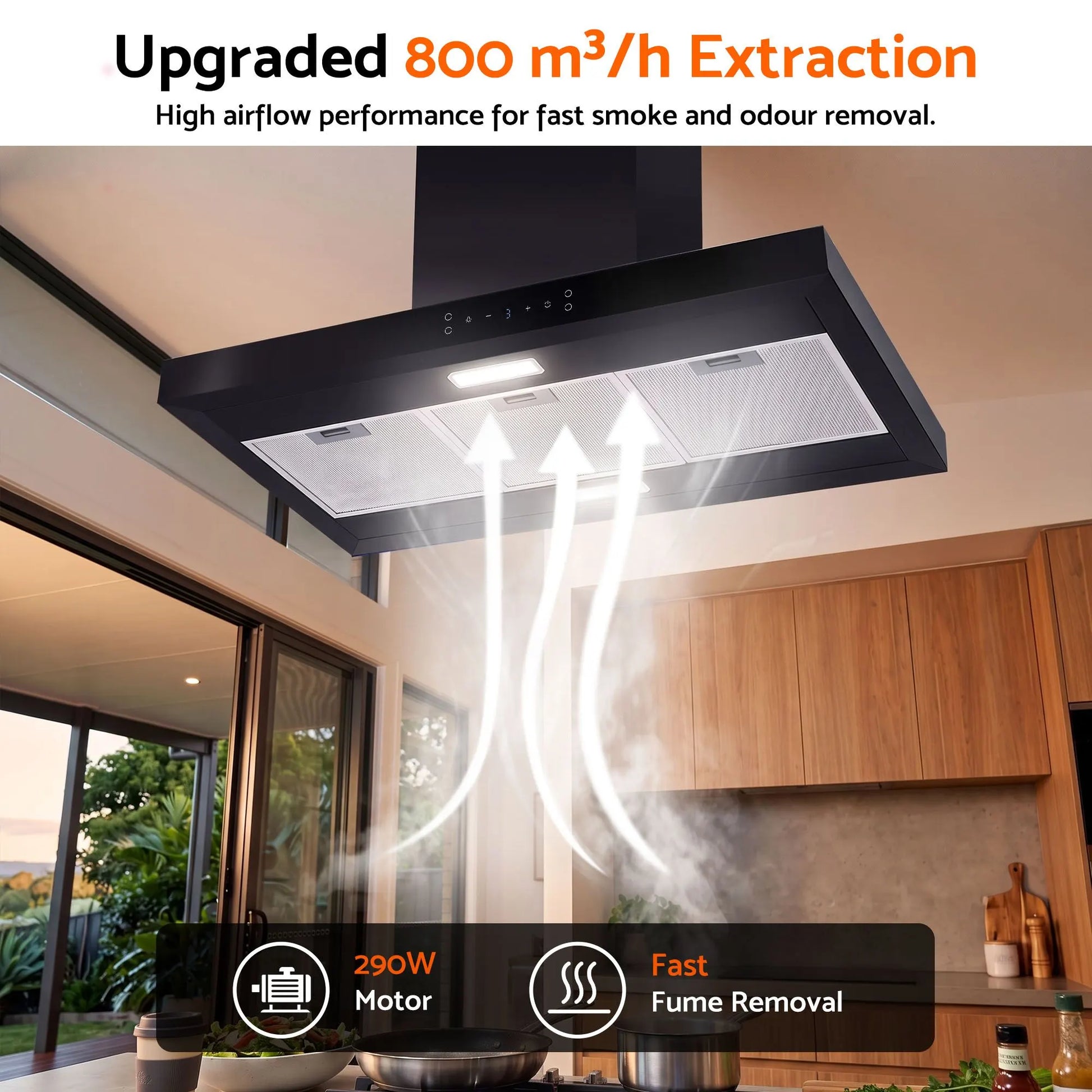 Devanti 90cm Island Rangehood Ceiling-Mounted 3-Speed Touch Control LED Black - Image 6
