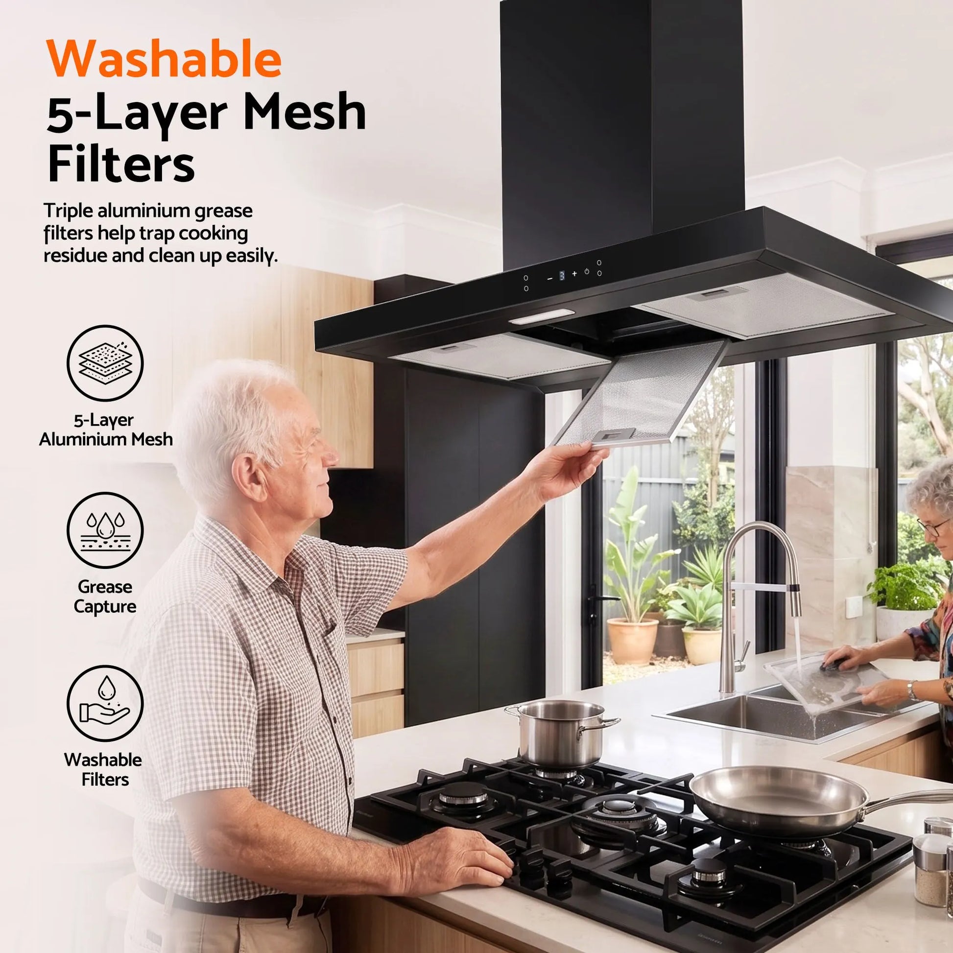 Devanti 90cm Island Rangehood Ceiling-Mounted 3-Speed Touch Control LED Black - Image 7