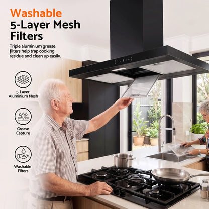 Devanti 90cm Island Rangehood Ceiling-Mounted 3-Speed Touch Control LED Black - Image 7