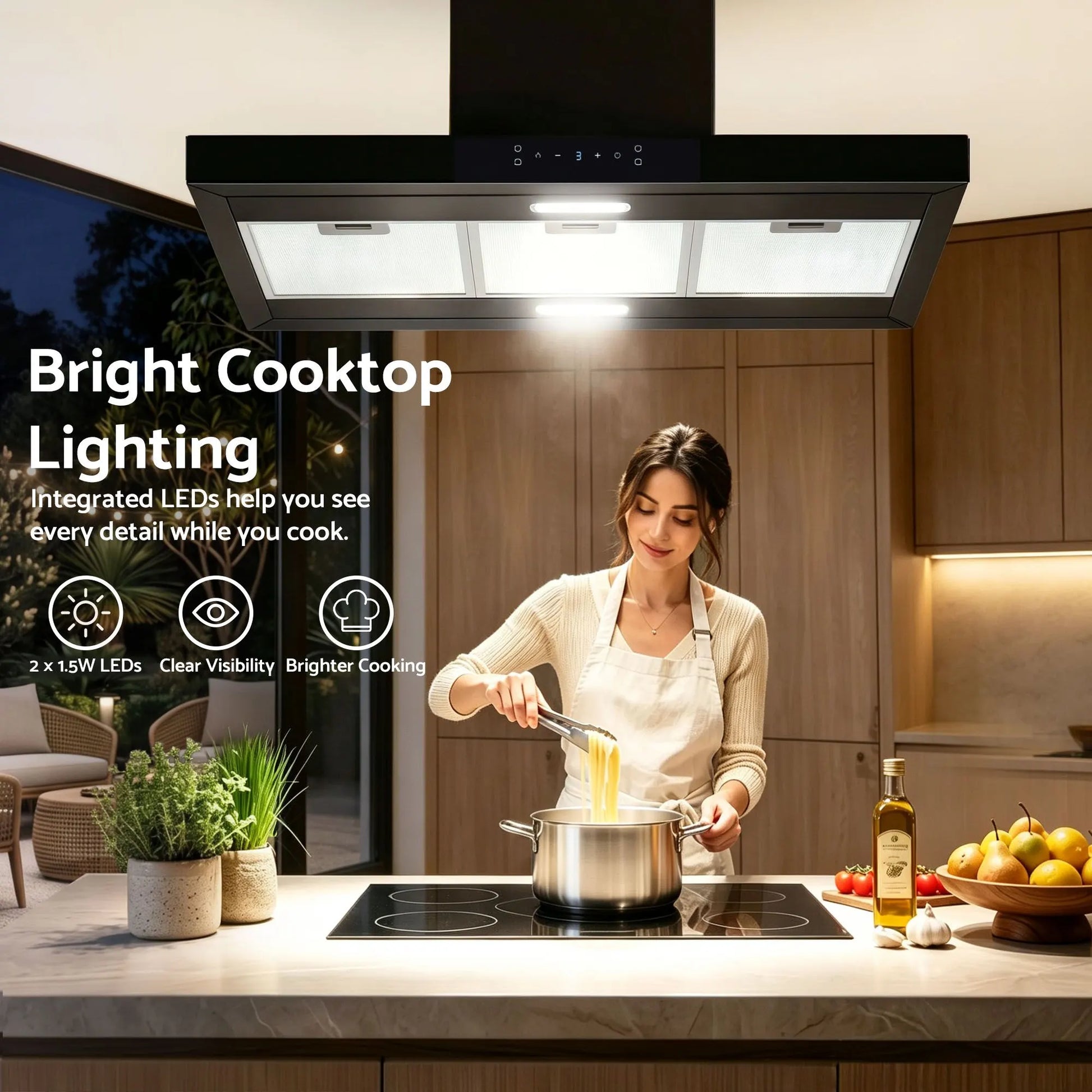 Devanti 90cm Island Rangehood Ceiling-Mounted 3-Speed Touch Control LED Black - Image 8