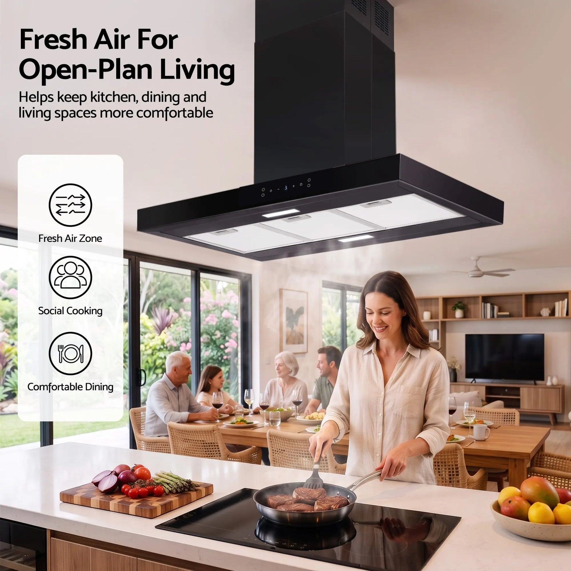 Devanti 90cm Island Rangehood Ceiling-Mounted 3-Speed Touch Control LED Black - Image 9