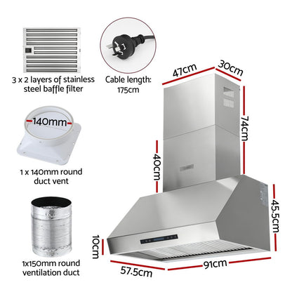 Devanti 900mm Range Hood 3-Speed Fan LED Display Remote Control - Image 3