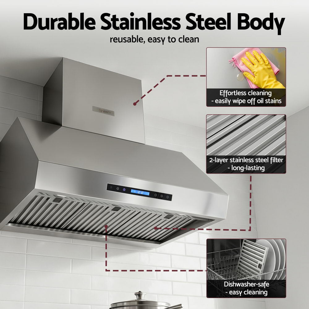 Devanti 900mm Range Hood 3-Speed Fan LED Display Remote Control - Image 8