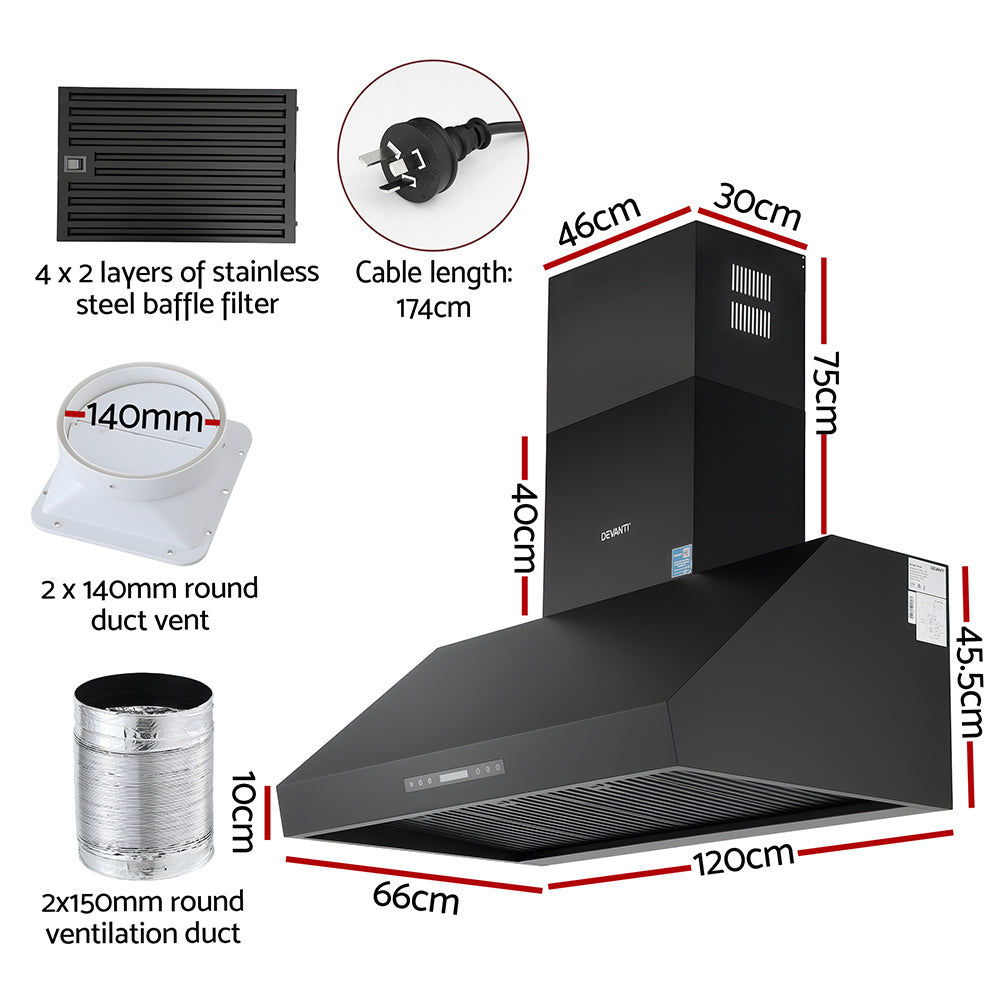 Devanti 1200mm Commercial BBQ Range Hood Dual Motor W/ Remote Control Black - Image 3
