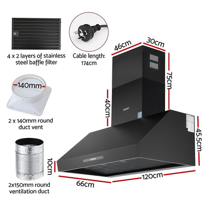 Devanti 1200mm Commercial BBQ Range Hood Dual Motor W/ Remote Control Black - Image 3