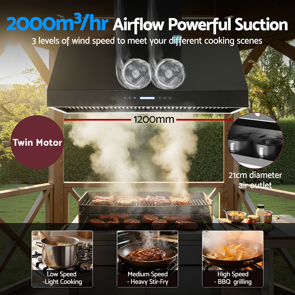 Devanti 1200mm Commercial BBQ Range Hood Dual Motor W/ Remote Control Black - Image 5