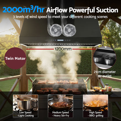 Devanti 1200mm Commercial BBQ Range Hood Dual Motor W/ Remote Control Black - Image 5