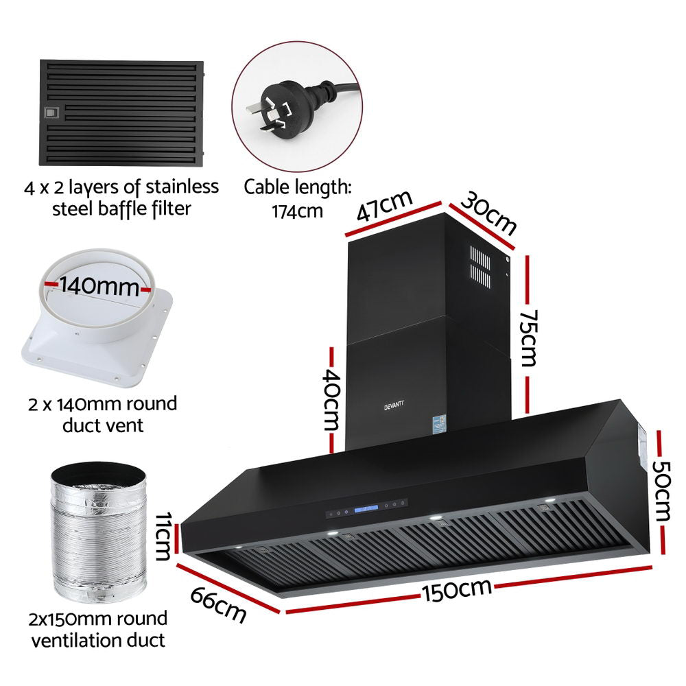 Devanti 1500mm Commercial BBQ Range Hood Dual Motor W/ Remote Control Black - Image 3